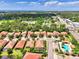 Aerial view features a home with screened patio, landscaped yard, community pool and lush greenery enhancing neighborhood appeal at 1088 Bluffwood Dr, Nokomis, FL 34275