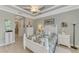 A well-lit bedroom showcasing light green walls and the bright, tray ceiling at 1088 Bluffwood Dr, Nokomis, FL 34275