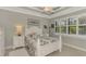 A serene bedroom with a patterned comforter, tray ceiling and great natural lighting at 1088 Bluffwood Dr, Nokomis, FL 34275