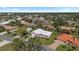 An aerial view showcases the neighborhood with palm trees surrounding this lovely pink home at 111 2Nd St, Nokomis, FL 34275