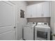 Functional laundry room with white cabinets and modern washer and dryer at 12637 Promenade Estates Blvd, Sarasota, FL 34238