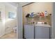 Convenient laundry room with washer, dryer, storage shelf and half bathroom at 12679 Sagewood Dr, Venice, FL 34293