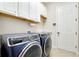 This laundry room features upper cabinets and modern front loading washer and dryer with access to a door at 13652 Classico Ct, Venice, FL 34293