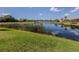 Scenic view of the community pond with lush green grass, beautiful trees, and blue sky at 162 Treviso Ct, North Venice, FL 34275