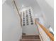 Carpeted stairway with white railings and a wall decorated with framed pictures at 17449 Luminous Ave, Venice, FL 34293