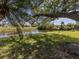 Serene backyard featuring mature trees, landscaping, and a scenic pond at 268 Southampton Dr # 309, Venice, FL 34293