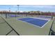 Several blue and grey pickleball courts surrounded by black fencing and landscaping in a sunny neighborhood at 29176 Coral Harbour Dr, Englewood, FL 34223