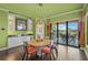 Dining area featuring a stylish chandelier, lake views, and bright decor at 471 Bayshore Rd, Nokomis, FL 34275