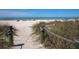 Sandy path leads to the beach, framed by lush greenery and charming wooden posts at 501 Dona Dr, Nokomis, FL 34275