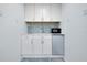 Wet bar area featuring mini fridge, stainless steel faucet, white cabinetry, and a microwave at 9061 Kellogg Ln, Venice, FL 34293