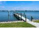 Long dock with boat lift on blue water with view of land and blue sky at 1604 Casey Key Rd, Nokomis, FL 34275