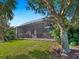 Screened lanai view from the green backyard shows a peaceful outdoor living space at 20390 Cavallo Ct, Venice, FL 34292
