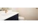 Powder room featuring a modern rectangular sink, modern faucet, and a navy blue vanity at 448 Bocelli Dr, Nokomis, FL 34275