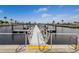 A modern boat dock features metal railings and clear access to the waterfront, under a partly cloudy sky at 520 Tampico Dr, North Port, FL 34287