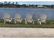 Relaxing lake view featuring four Adirondack chairs and a small table on a sunny day at 8170 Casa De Meadows Dr, Englewood, FL 34224
