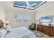 Relaxing main bedroom features a blue tray ceiling, plantation shutters, and a lovely waterfront view at 10412 Crooked Creek Dr, Venice, FL 34293