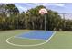 Outdoor basketball court with green and blue play area, surrounded by a black fence and tropical trees at 11575 Okaloosa Dr, Venice, FL 34293