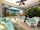 Relax in the screened-in lanai with comfortable seating, a ceiling fan and lush views at 11575 Okaloosa Dr, Venice, FL 34293