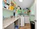 Functional laundry room equipped with a countertop, shelving, a washer, and a dryer at 616 Circlewood Dr # S2-14, Venice, FL 34293