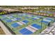 Overhead shot of community pickleball courts and seating area, surrounded by lush landscaping and serene views at 10399 Abaco Falls Dr, Englewood, FL 34223