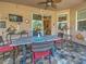Outdoor patio has a dining table, four chairs and a ceiling fan, perfect for enjoying meals outside at 117 Altesino Ct, Venice, FL 34292