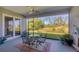 Relaxing patio with seating area and a scenic view of the lush backyard and pond at 1207 Henning St, North Port, FL 34288