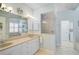 Bright bathroom with double vanity, large mirror, glass shower, and tub in a light blue-themed luxurious space at 1662 Bobcat Trl, North Port, FL 34288
