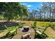 Backyard fire pit surrounded by green Adirondack chairs, perfect for outdoor gatherings at 1785 Bayshore Dr, Englewood, FL 34223