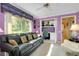 Office features a black sofa, desk, yellow walls, and large windows at 1886 Killdeer Ct, Venice, FL 34293
