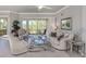 Comfortable living room boasts neutral paint, tile flooring, stylish furniture, and large sliding glass doors at 206 Bella Vista Ter # 29A, Nokomis, FL 34275