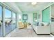 Relaxing sunroom featuring water views, comfortable seating, and convenient access to the kitchen at 483 Circlewood Dr # O14, Venice, FL 34293