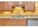 Kitchen with wood cabinets, granite countertops, stainless steel appliances, and a double sink at 49 Sandstone Cir, Venice, FL 34293
