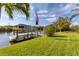 Private backyard dock on the water, with lush landscaping, perfect for boating and enjoying waterfront living at 10139 Kansas City St, Port Charlotte, FL 33981