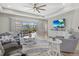 Bright living room with sliding glass doors to the outdoor pool and ceiling fan at 19800 Montenero Way, Venice, FL 34293