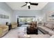 Bright and airy living room featuring tile floors, neutral decor, comfortable seating and golf course views at 867 Country Club Cir #71, Venice, FL 34293