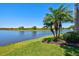 Picturesque backyard view with pond, palm trees, and well-maintained lawn at 10064 Cozy Grove Dr, Venice, FL 34293