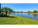 Scenic view of the backyard pond with lush green grass and mature landscaping at 10064 Cozy Grove Dr, Venice, FL 34293