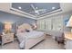 Charming main bedroom featuring a tray ceiling, neutral paint, and plantation shutters for ample natural light at 13032 Oriago St, Venice, FL 34293