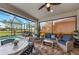 Inviting screened-in patio with stylish seating, dining table, and picturesque views of the pool and landscape at 13032 Oriago St, Venice, FL 34293