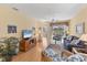 Bright living room features wood floors, ceiling fan and water view at 1853 San Silvestro Dr, Venice, FL 34285