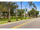 A view of a park through tall palm trees, featuring a gazebo and lush green grass at 200 Park N Blvd # 108, Venice, FL 34285