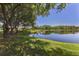 Lush backyard featuring a serene lake view, mature trees, and well-maintained lawn, creating a peaceful outdoor oasis at 206 Silver Lake Dr # 105, Venice, FL 34292