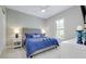 Inviting bedroom with blue bedding, patterned wallpaper, and plantation shutters at 265 Bocelli Dr, Nokomis, FL 34275