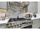 Close up of the stainless steel oven with gold knobs, decorative tile backsplash, and pot filler faucet in the kitchen at 265 Bocelli Dr, Nokomis, FL 34275