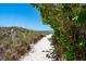 Scenic beach path leading to the ocean, framed by lush vegetation and clear blue skies, inviting relaxation and coastal enjoyment at 328 Channel Ln, Nokomis, FL 34275