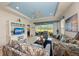 Cozy living room with patterned sofas, TV, and sliding glass doors to the lanai at 371 Capulet Dr, Venice, FL 34292