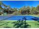 Outdoor tennis court, fully enclosed, with a net and a blue surface surrounded by green at 589 Rose Apple Circle, Port Charlotte, FL 33954