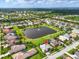A neighborhood aerial view highlighting residences surrounding a scenic lake and fountain feature at 988 145Th Street Ne Cir, Bradenton, FL 34212