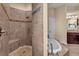 Tiled walk-in shower with pebble floor and elegant bronze shower head at 988 145Th Street Ne Cir, Bradenton, FL 34212