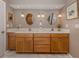 Bathroom features a double sink vanity with wood cabinets, decorative lighting, and neutral decor at 1229 Waterside Ln, Venice, FL 34285